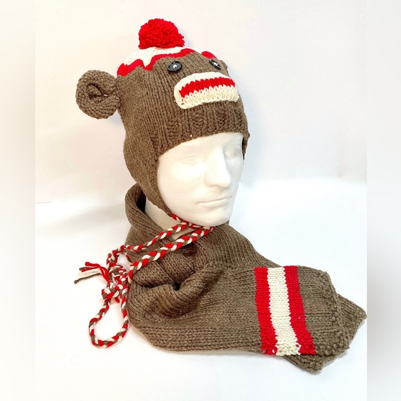 NWT Hand Knit Sock Monkey Beanie Hat and Scarf Set One Size Fits Most - Picture 9 of 9
